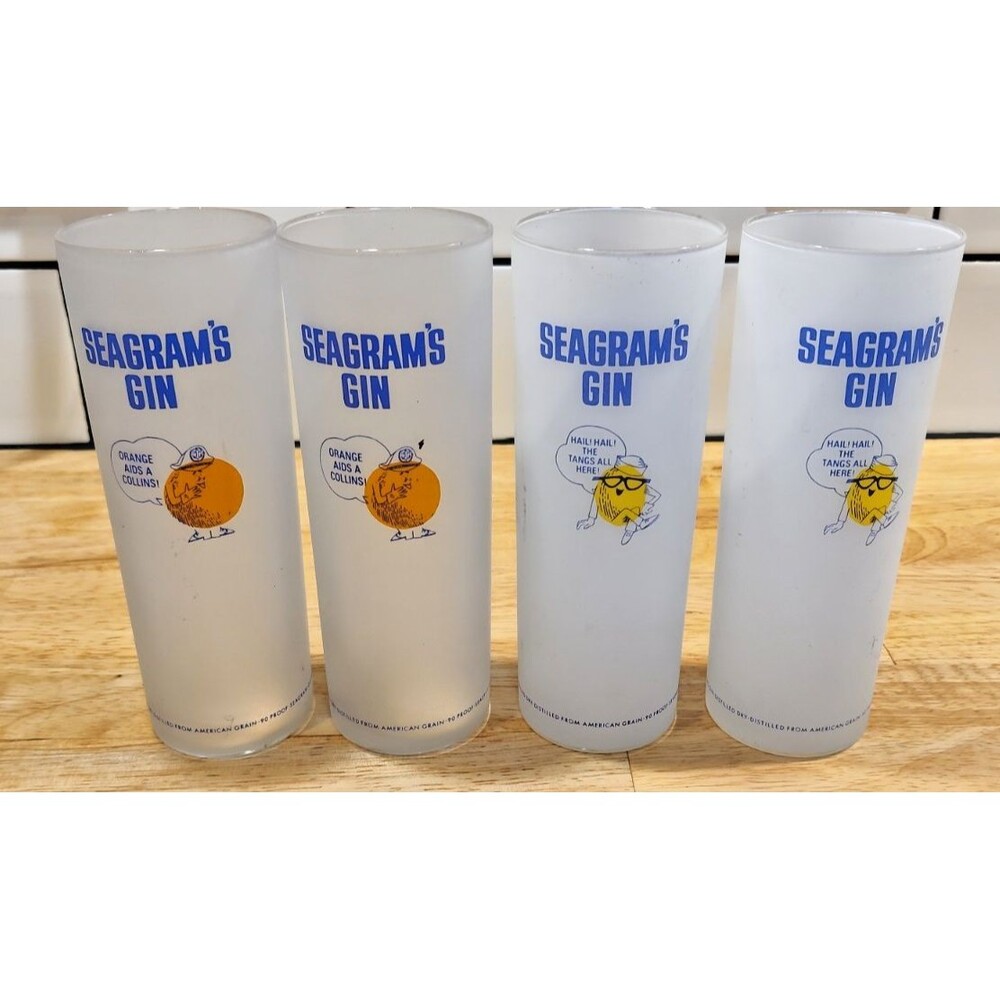 4 Seagram's Gin Glasses Collins 6.75” Tall Frosted Orange Lemon Highball